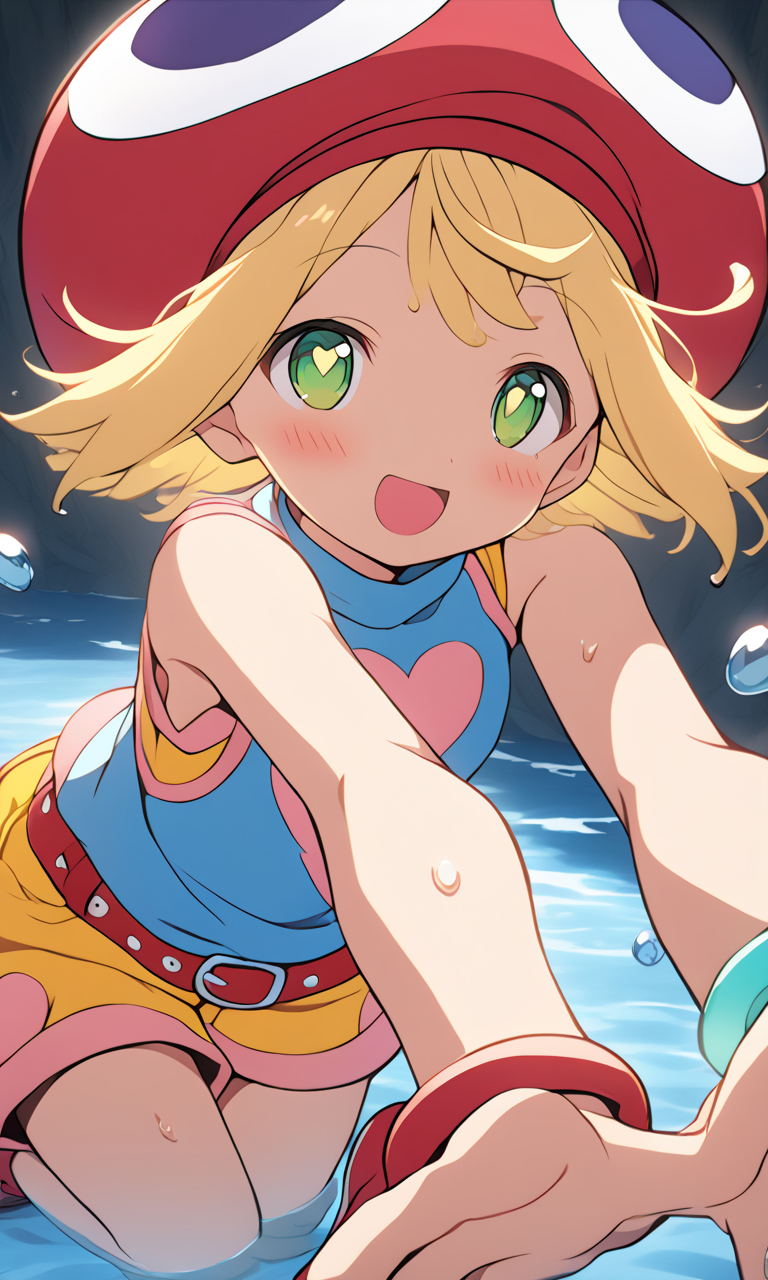 00013-1482791633-XL_caulkinumBGM-[796c55597b]-_lora_sdxl-py-amitie_1__1girl,_amitie,_green_eyes,_blonde_hair,_short_hair,_bracelet_+++_red_hat_with_big_eyes_and_wing,_skyblue.png